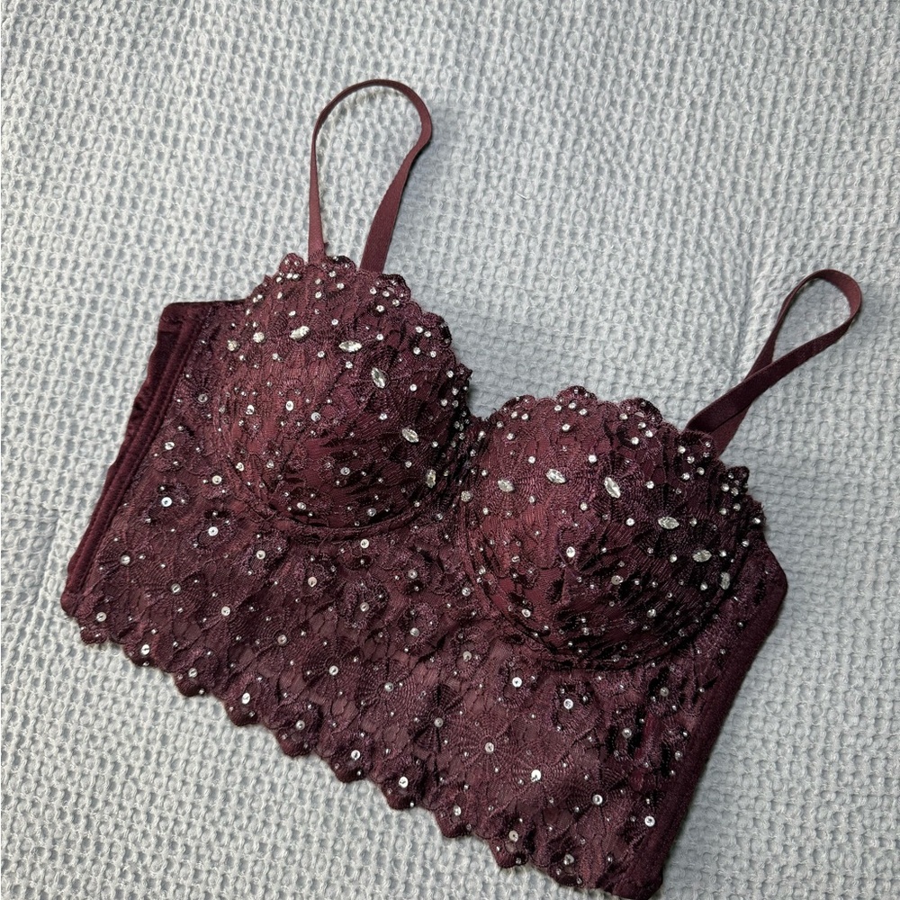 Windsor Purple Lace Crop Top with Scalloped Edging